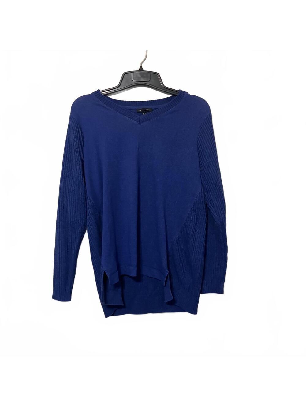 H by Halston Cozy Knit Boho Chic Blue V-Neck Pullover Sweater Women's Medium